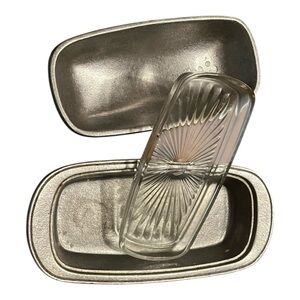 Wilton pewter butter dish glass insert Mount Joy PA 8” L primitive farmhouse vtg